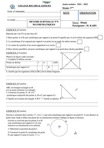 DEVOIR DE MATHS NIVEAU 6ième COLLEGE BOCABO 2022 BY TEHUA