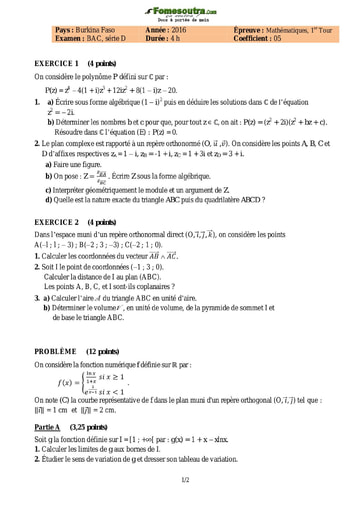 Sujet de Mathématiques BAD D (1er tour) 2016 - Burkina Faso