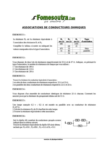 TP de physique sur les Associations de conducteurs Ohmiques 3eme