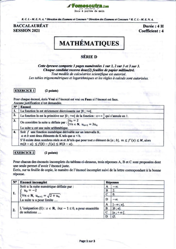 Sujet corrigé et barème de Maths BAC D 2021