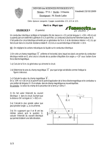 Devoir (9) Physique-Chimie niveau Terminale D - EMPT Bingerville