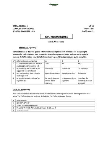 COMPOSITION DE FIN DE TRIMESTRE DE MATHS NIVEAU 5ième DECEMBRE 2023 UP13 by TEHUA