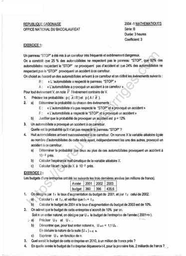 MATHS BAC B 2004 SUJET ET CORRIGE GABON DJAHASHIKAN
