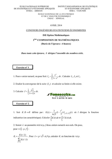 Sujet 2ème épreuve de maths ISE option maths 2014 (ENSEA - ISSEA - ENSAE)