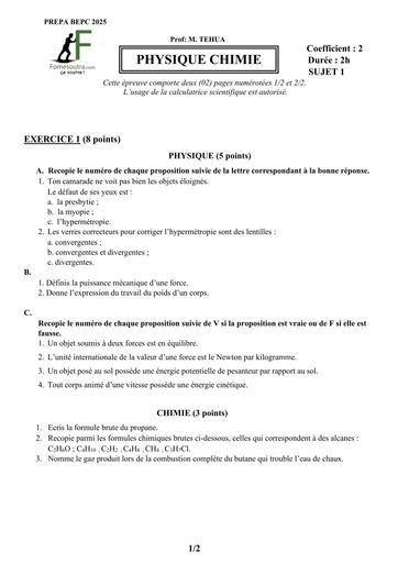 PREPA BEPC 2025 PC FICHE 1 BY TEHUA