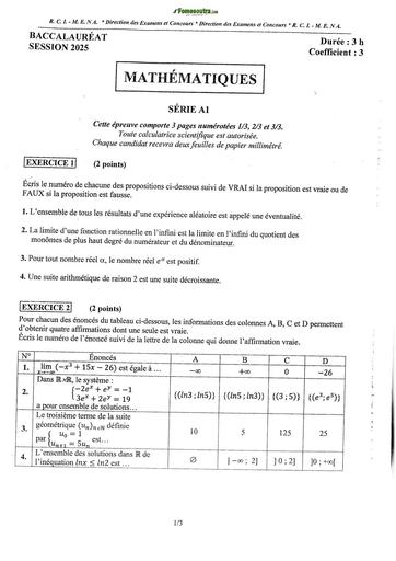 BAC 2025 Côte d'Ivoire SUJET+ BAREME MATHEMATIQUES SERIE A1 BY TEHUA
