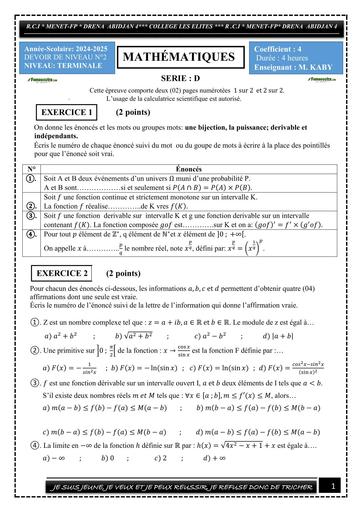 DEVOIR DE NIVEAU MATHS Tle D TRIMESTRE 2 KABY 2025 BY TEHUA