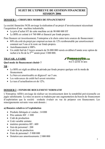 Sujet corrigé de Gestion Financière BTS Finances Comptabilité et Gestion d’Entreprises 2006