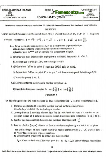 Sujet de Maths BAC blanc série D Lycée Sainte Marie de Cocody 2013