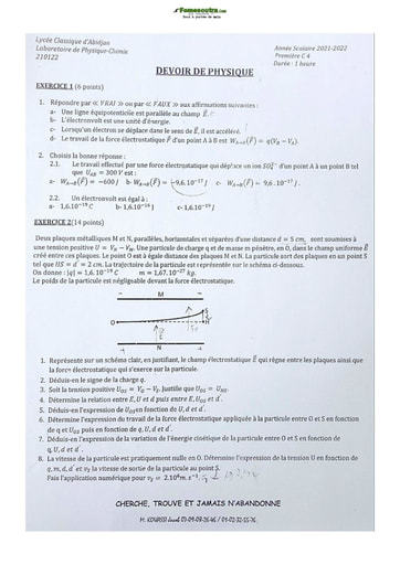 Sujet de Physique-Chimie Première C Lycée Classique Abidjan 2022