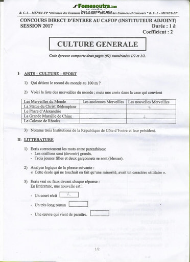 Sujet de Culture générale CAFOP (Instituteur Adjoint) 2017