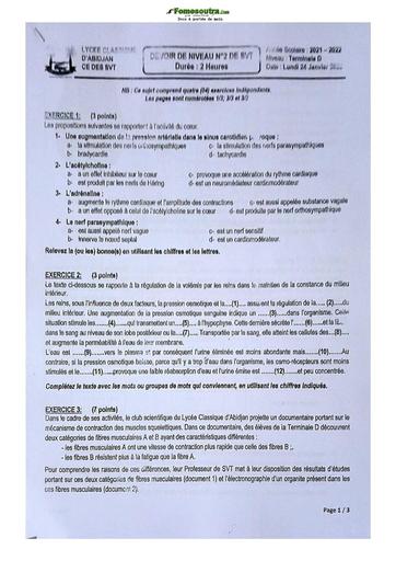 Sujet de SVT Terminale D Lycée Classique Abidjan 2021-2022