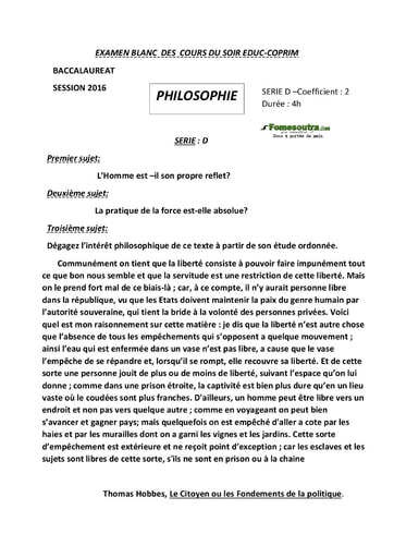 Sujet de Philosophie BAC blanc serie D 2016 - Cours du soir Educ-Coprim