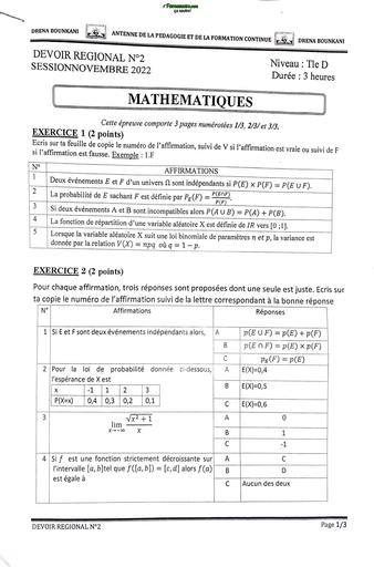 DEVOIR DE NIVEAU MATHS Tle D TRIMESTRE 1 DREN BOUNKANI BY TEHUA