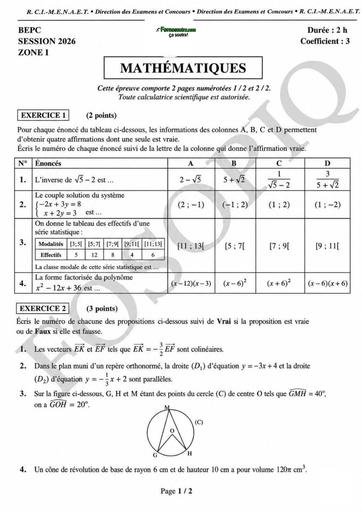BEPC 2026 MATHS ZONE I SUJET BY TEHUA