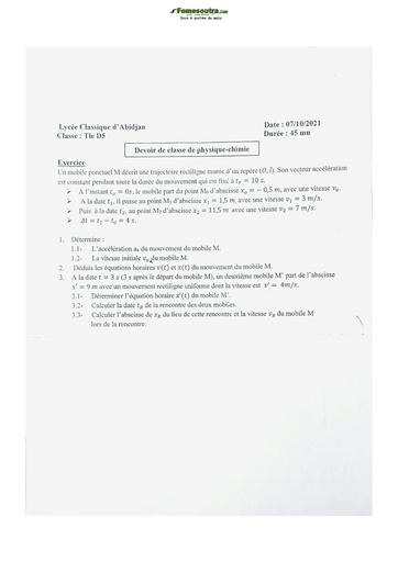 Sujet de Physique-Chimie Terminale D Lycée Classique Abidjan 2021-2022