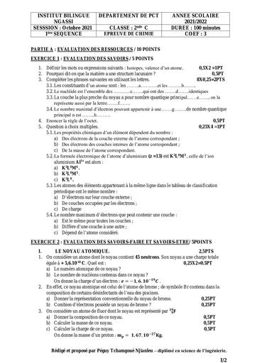 INTERROGATION 2 Chimie 2nde C Institut Ngassi