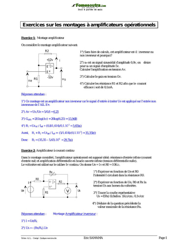 Corrigé Exercices sur les montages à amplificateurs opérationnels