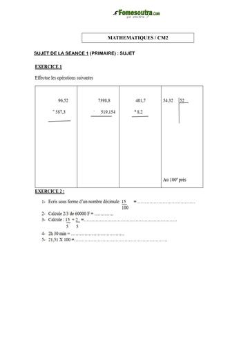 COURS DE VACANCES PRIMAIRE MATHS SUJET 1 CM