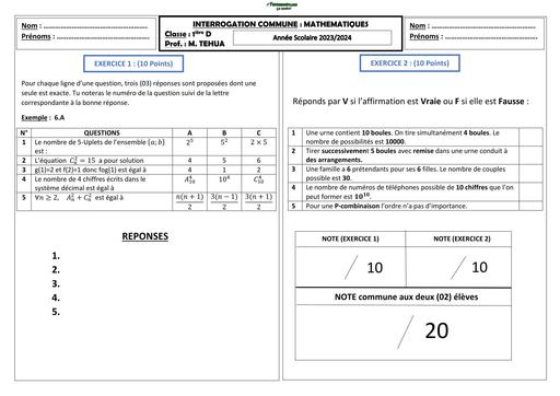 INTERRO ECRITE DE MATHS NIVEAU 1ière D COLLEGE PROVINCIAL BY TEHUA