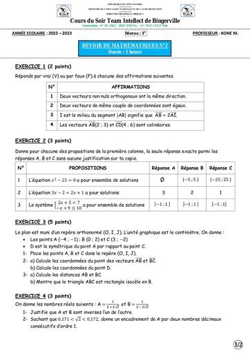 Cours du Soir Team Intellect de BINGERVILLE DEVOIR N°2 de Maths 3e