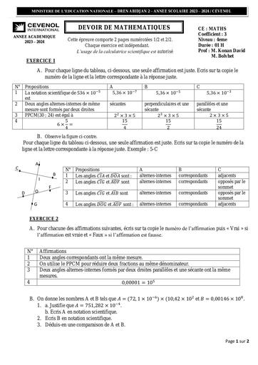 DEVOIR de MATHS 4ième 2024 by Tehua