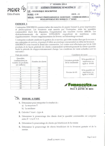 Sujet de Statistique Descriptive Licence Professionnelle 1ere année session 2014 - PIGIER