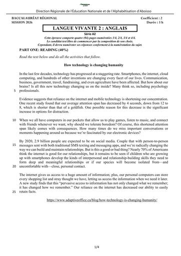 BAC BLANC 2026 DRENA ABOISSO SUJET LV2 ANGLAIS SERIE A (SUJET) by TEHUA