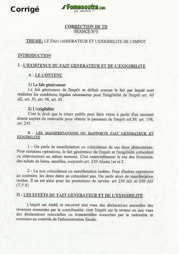 Corrigé TD Le fait générateur et l’exigibilité de l’impôt - Licence Droit