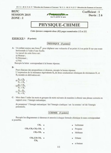 Sujet de Physique Chimie BEPC 2015 zone 1