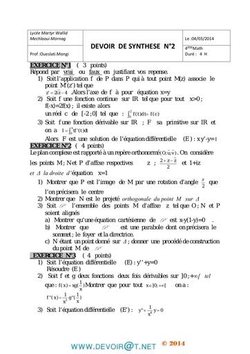 Devoir de Synthèse N°2 Math Bac Mathématiques 2013 2014 Mr Oueslati by Tehua