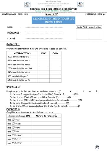 Cours du Soir Team Intellect de BINGERVILLE DEVOIR de Maths N°2 6e/5e