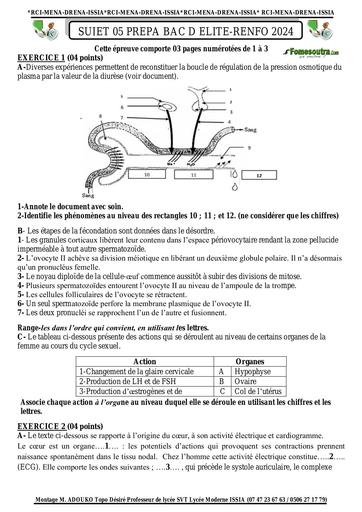 Sujet 05 prepa BAC D ELITE RENFO 2024 SVT by Tehua