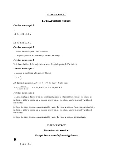 Corrigé Leçon 1 le mouvement