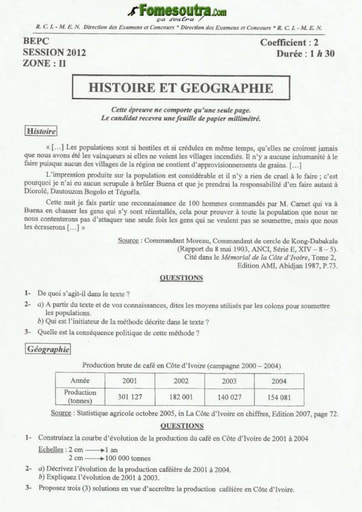 Sujet d' Histoire Geo BEPC 2012 Zone 2