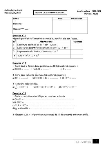 Devoir de maths 4è provincial du 27 oct 2023 BY TEHUA