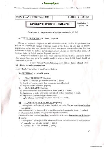 BEPC BLANC REGIONAL MARS 2025 DREN YAMOUSSOUKRO ORTHOGRAPHE DICTEE QUESTIONS SUJET BY TEHUA