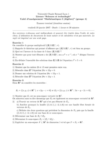 Sujet de Mathématiques I (Algèbre) - Licence Sciences et technologie