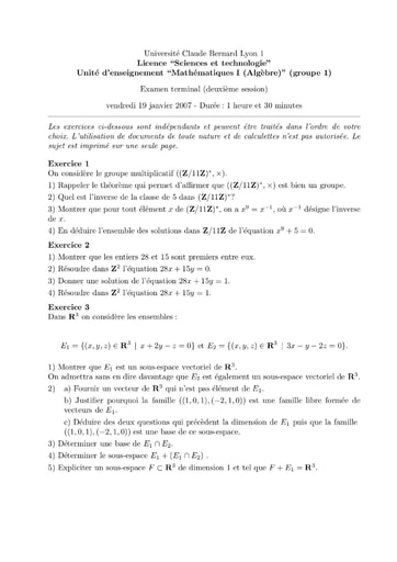 Sujet de Mathématiques I (Algèbre) - Licence Sciences et technologie