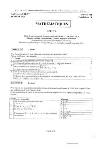 Sujet MATHS BAC C&D 2019 et 2021+barème by Tehua