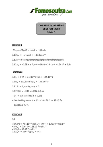 Corrigé de Physique-Chimie BAC D 2003 session remplacement