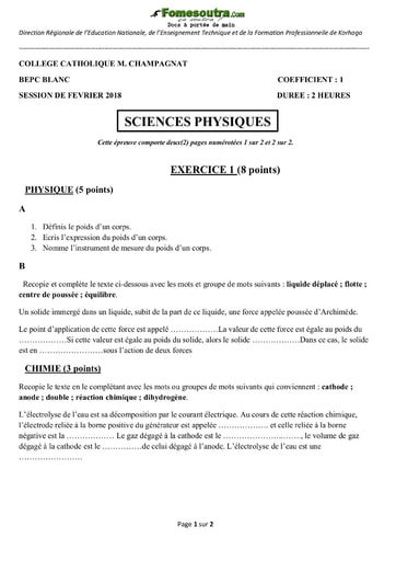 Sujet Physique Chimie BEPC blanc 2018 - Collège Catholique Champagnat Korhogo