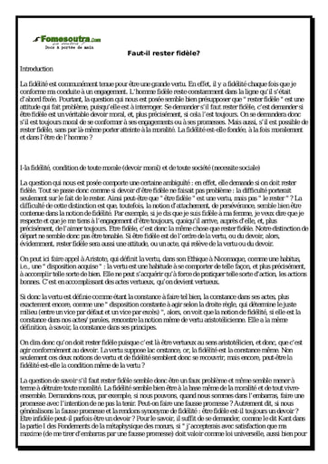 Faut-il rester fidèle? - Sujet corrigé de philosophie Terminale A,C,D,E