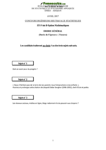 Sujet d'ordre générale ITS B option Maths 2017 (ENSEA)