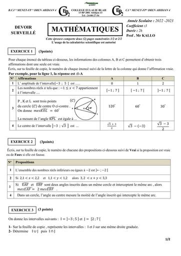 DEVOIR DE MATHS NIVEAU 3ième Calcul numerique et Angles inscrits 2023 BY TEHUA