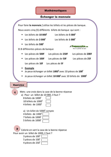 Échanger la monnaie - Cours CE1