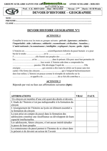 Sujet Histoire et Géographie niveau 2nde - Groupe Scolaire Sainte Foi Abidjan