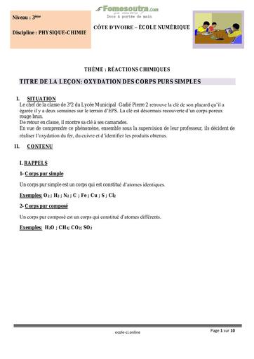 Oxydation des corps purs simples - Chimie 3eme