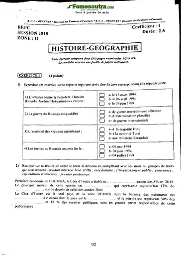Sujet corrigé et barème d'Histoire et Géographie BEPC 2018 Zone 2