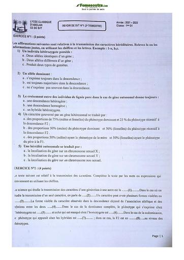 Sujet de SVT Terminale D Lycée Classique Abidjan 2022